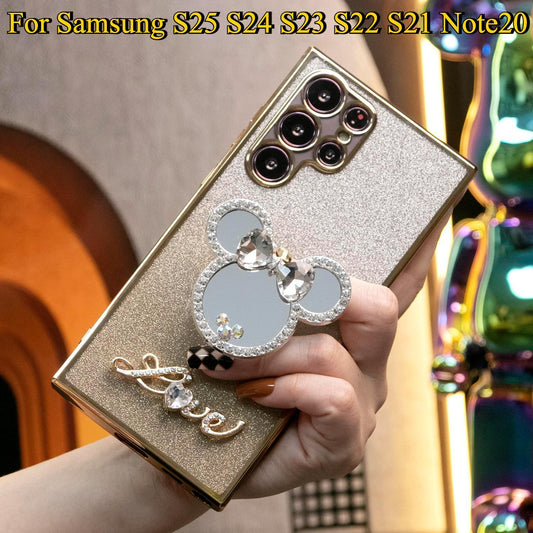 Luxury Diamond Mouse Head Mirror Kickstand Glitter Clear Gradient TPU Plating Shockproof Soft Phone Case For Samsung S25 S24 S23 S22 S21 Note20