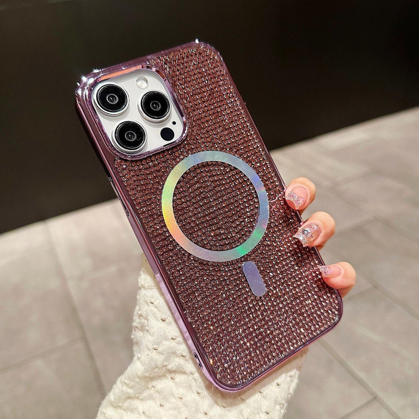 Luxury Rhinestone Glitter Plating Slim PC Strong Magnetic Phone Case For iPhone 16ProMax 15 14 13 Hard Support Wireless Charging Full Cover