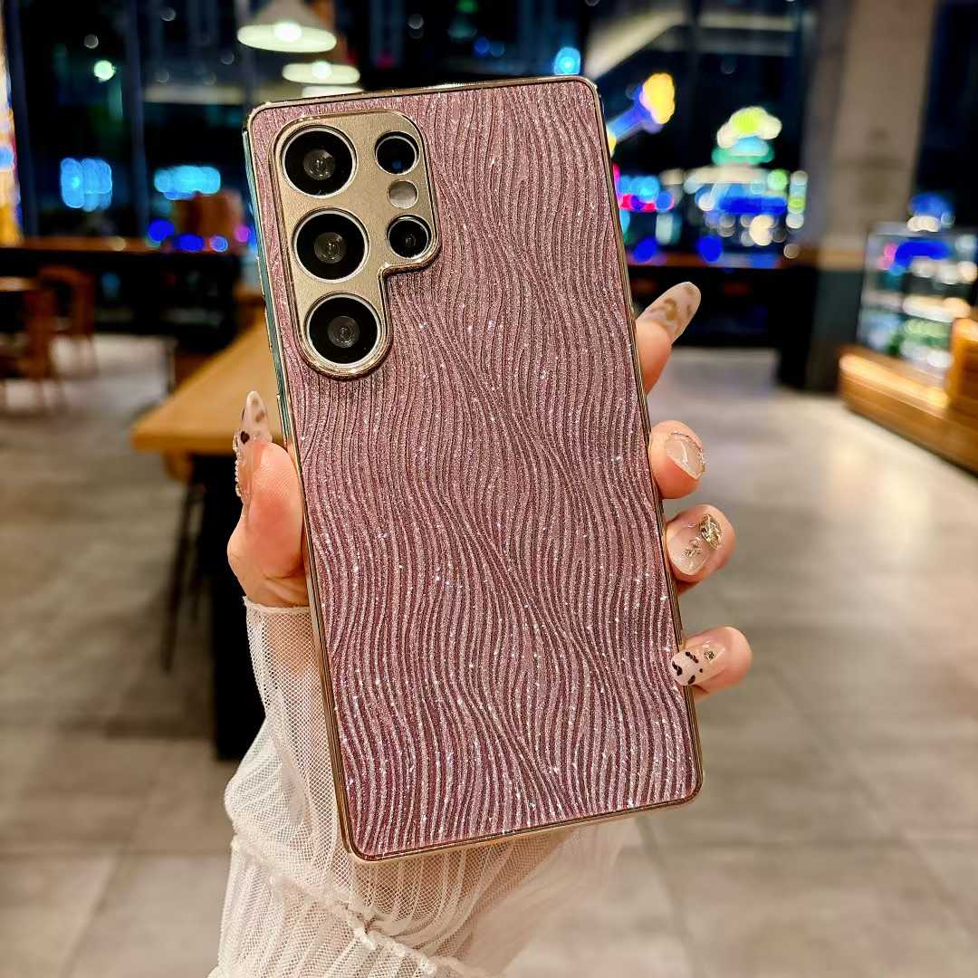 For Samsung S25Ultra S25Edge S25 S24 S23 Phone Case, Luxury Glitter Slim Water Ripple Pattern Plating Matte Leather Len Protection Shockproof Hard Full Cover