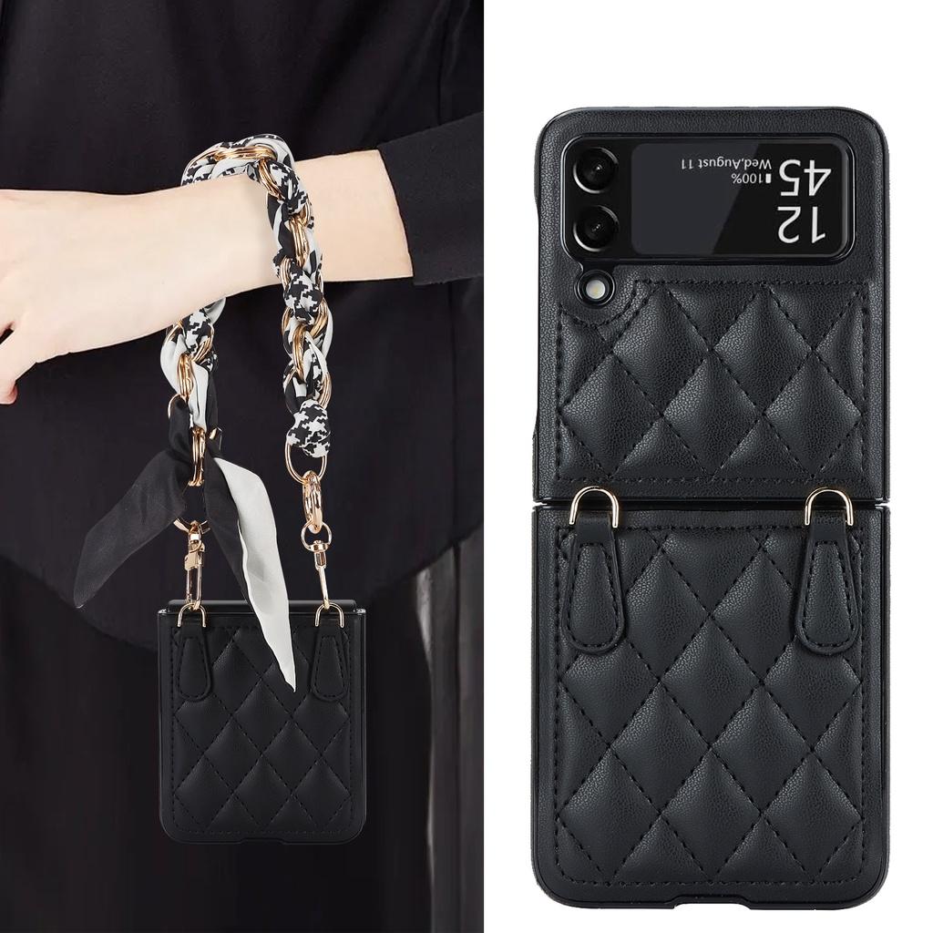 Luxury Silk Scarf Chian Leather Case For Samsung Galaxy Z Flip 6 Flip 5 Flip 4 Flip3 5G Luxury Crossbody Strap Smart Phone Cover