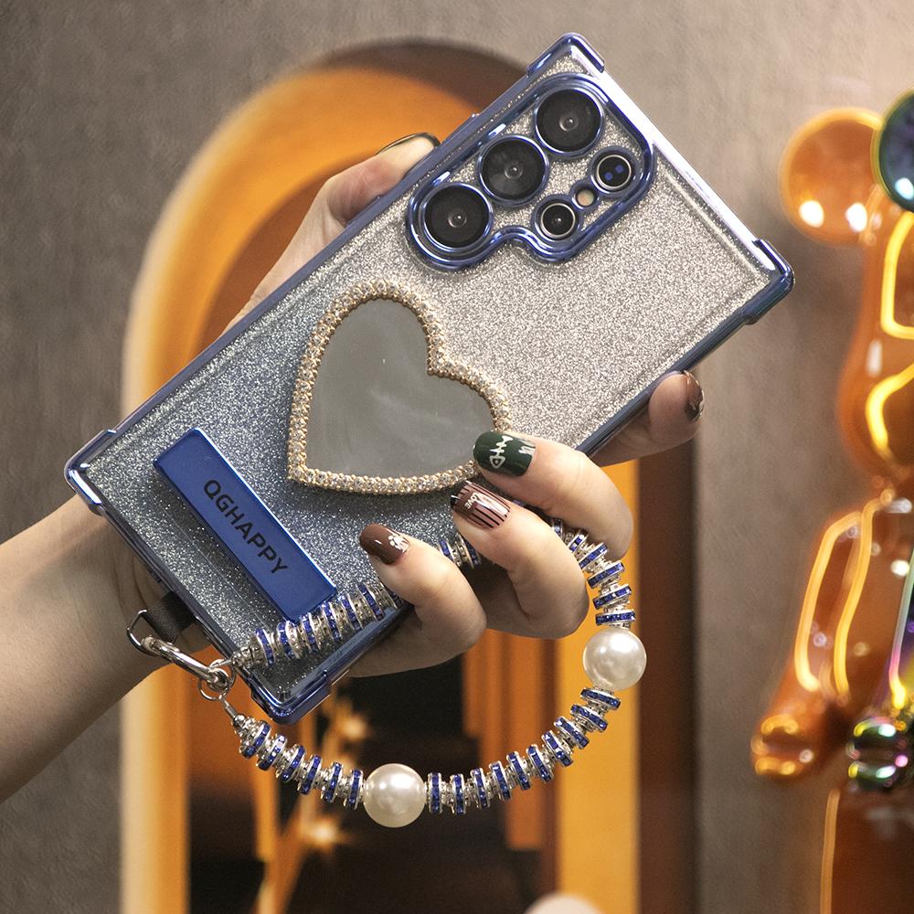Gradient Plating Four Corners Love Heart Mirror Thin Kickstand Case with Pearl Diamond Wristband for Samsung S25Ultra S25 S24 S23 S22 S21 Note20 A53 A54 A55 Hard Acrylic Bumper Full Cover