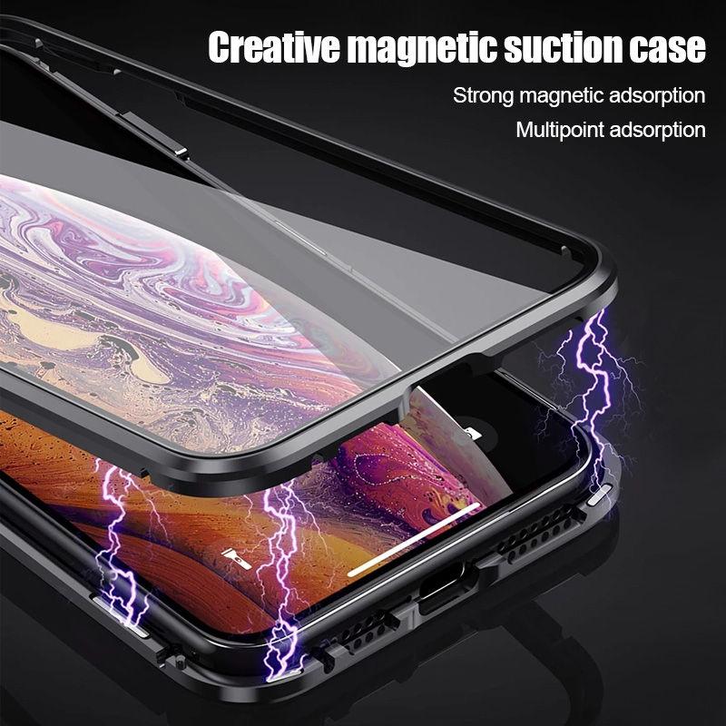 High Definition Tempered Glass Double Sided Full Cover 360 Magnetic Adsorption Metal Case For iPhone 16ProMax 16 15 14 13 12 11 Pro Max X/XS Front and Black Full Glass Cover