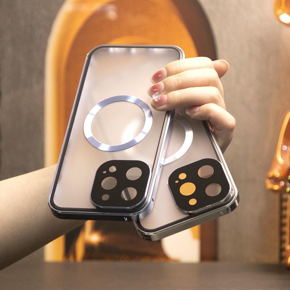 Double Sided HD Glass Matte Back Cover Aluminium Alloy For Magsafe Full Cover 360 Magnetic Ring High Definition Metal Case For iPhone 16ProMax 16 15 14 13 12 Pro Max Glass Full Cover