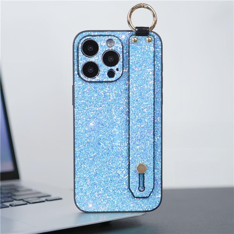 For iPhone 16ProMax 16 15 14 13 12 11 Case With Wristband, Luxury Glitter Durable Faux Leather Kickstand Shockproof Phone Case