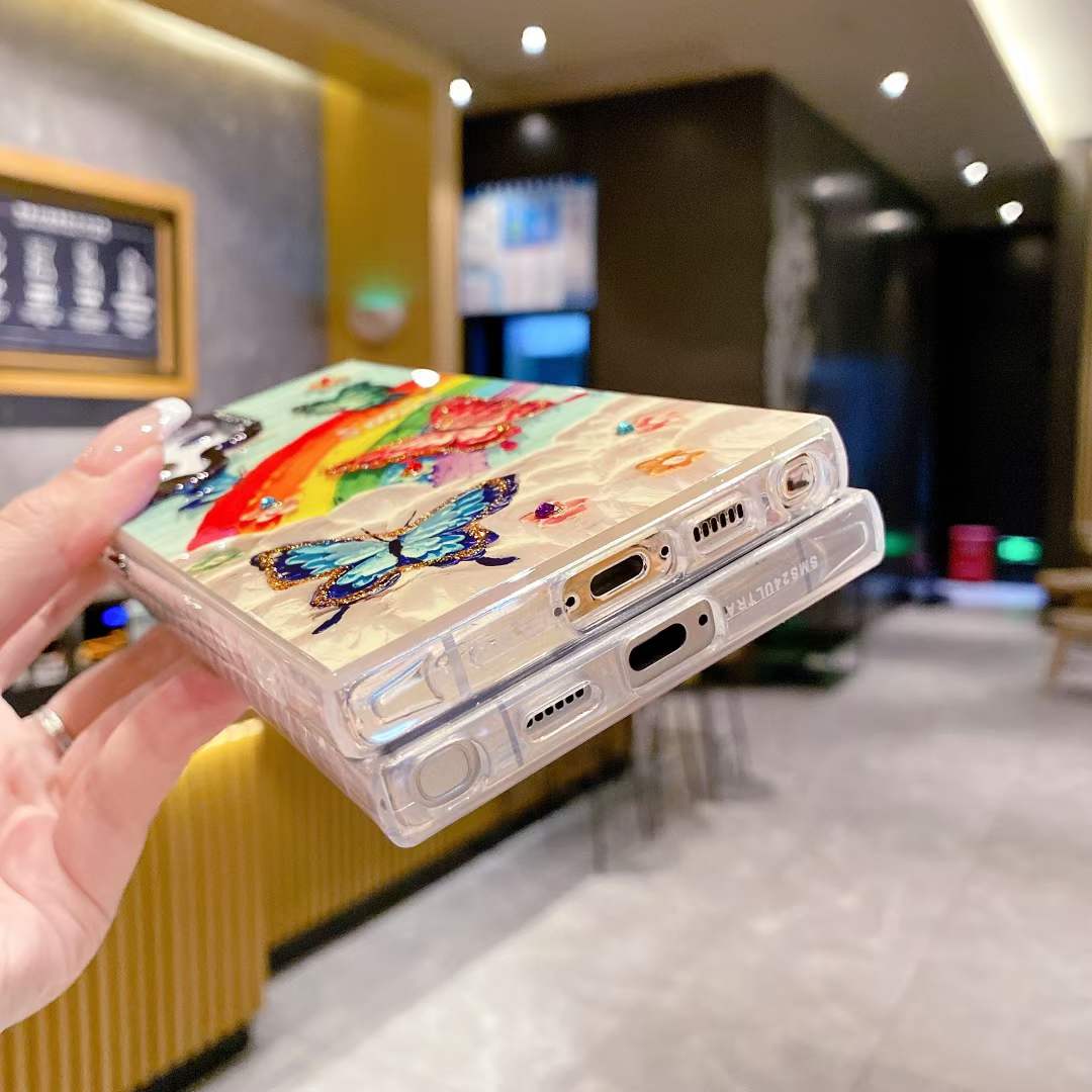 For Samsung S25 S24 S23 S22 A34 A35 A53 A54 A55 Note20Ultra Phone Case, Luxury Elegant Colorful Rainbow Butterfly Flower Oil Painting Metal Camera Frame Anti-drop Hard Shockproof Full Cover