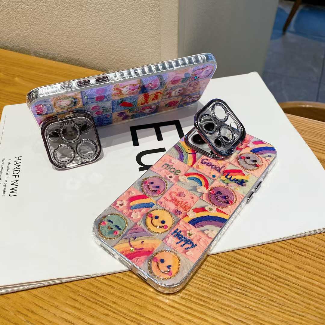 For iPhone 16ProMax 16 15 14 13 12 11 Phone Case with Diamond Camera Kickstand, Smiling Face Rainbow Rabbit Deer, Luxury Oil Painting Camera Frame Anti-drop Hard Shockproof Full Cover