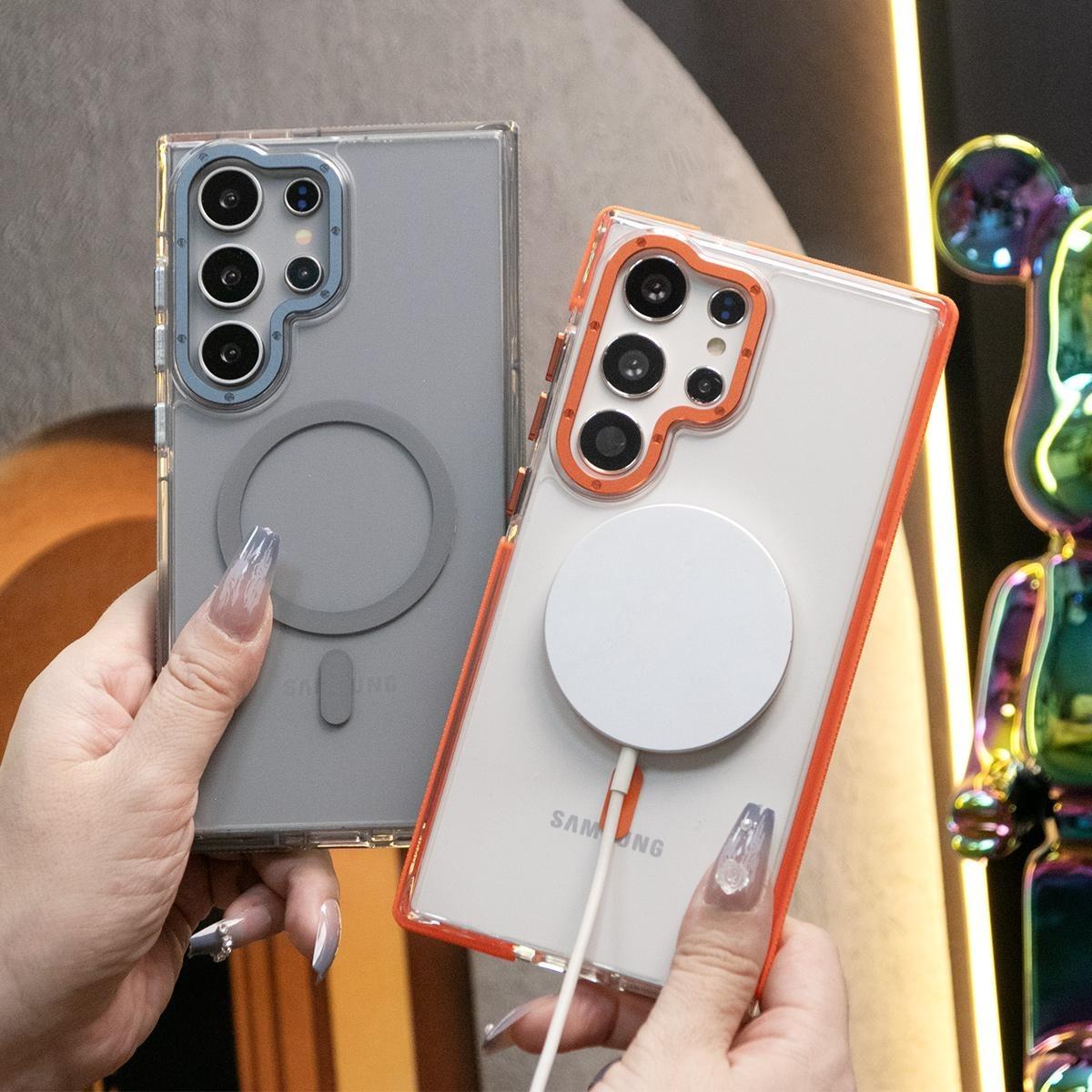 For Samsung S25Ultra S24+ S23FE A14 A15 A16 A24 A25 A34 A35 A54 A55, Clear Dual Color Strong Magnetic Wireless Charging Case Clear Shockproof Metal Camera Frame Bumper TPU Acrylic Hard Cover