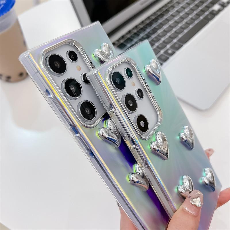 For Samsung S25 S24 S23 S22 A15 A25 A35 A54 A55 Phone Case, Electroplating Laser Love Heart Pattern Acrylic Slim, Camera Protection Non-Yellowing Hard Cover