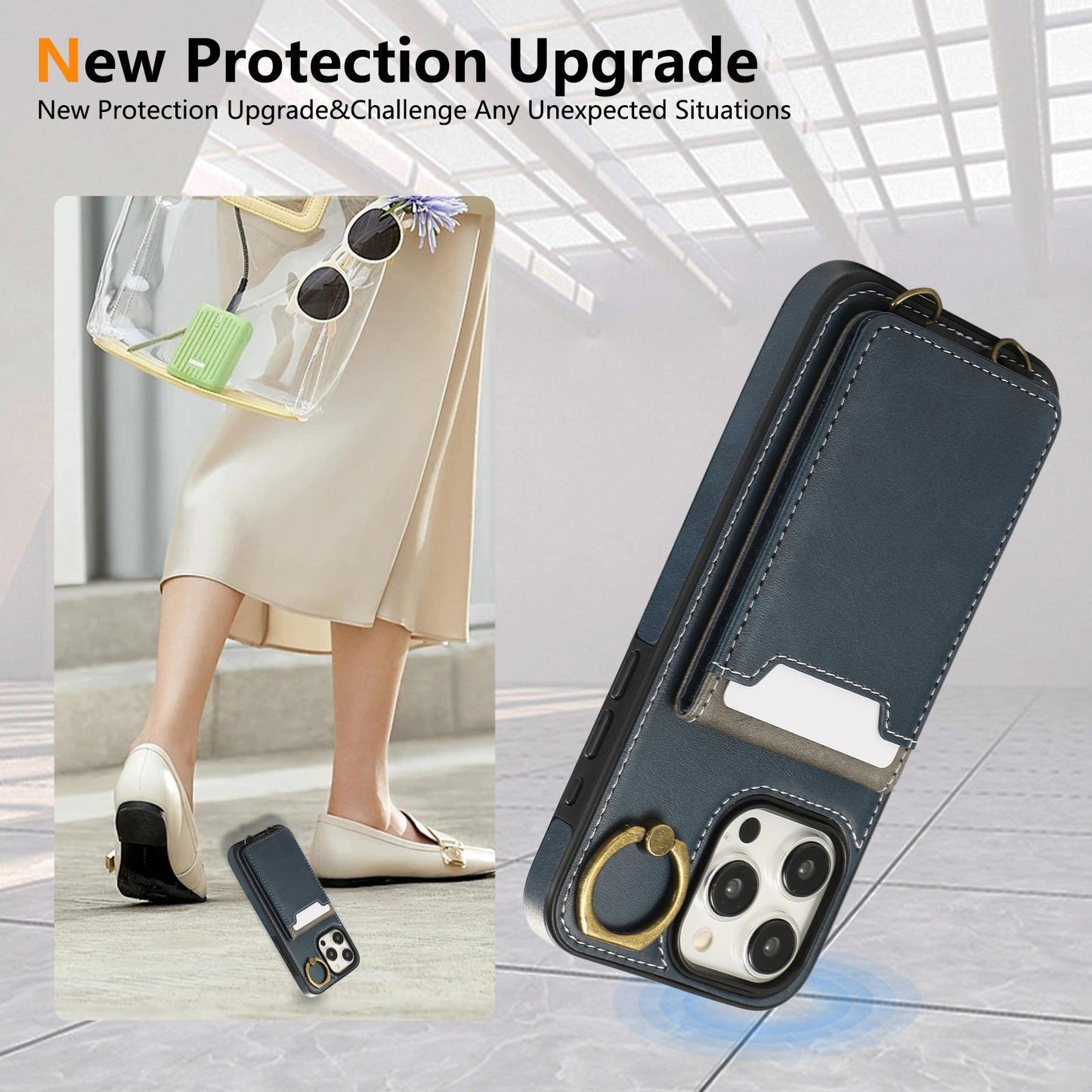 For iPhone 16ProMax 16 15 14 13 12 Leather Phone Case with Double Folding Wallet Wristband, Anti-Fall Card Slot Ring Kickstand Shockproof Business Hard Full Cover