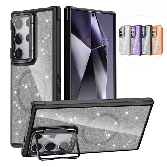 For Samsung S25Ultra S25 S24 S23 S21FE S20FE Strong Magnetic Phone Case, Glass Camera Kickstand Protection, Glitter Clear Acrylic Four Corner Shockproof Bumper Hand Feel Hard Full Cover