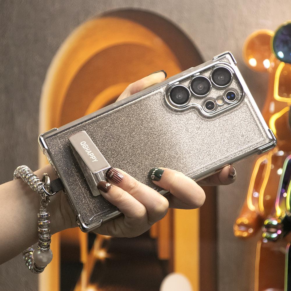Gradient Plating Four Corners Thin Kickstand Case with Pearl Diamond Wristband for Samsung S25Ultra S25 S24 S23 S22 S21 Note20 A53 A54 A55 Hard Acrylic Bumper Full Cover
