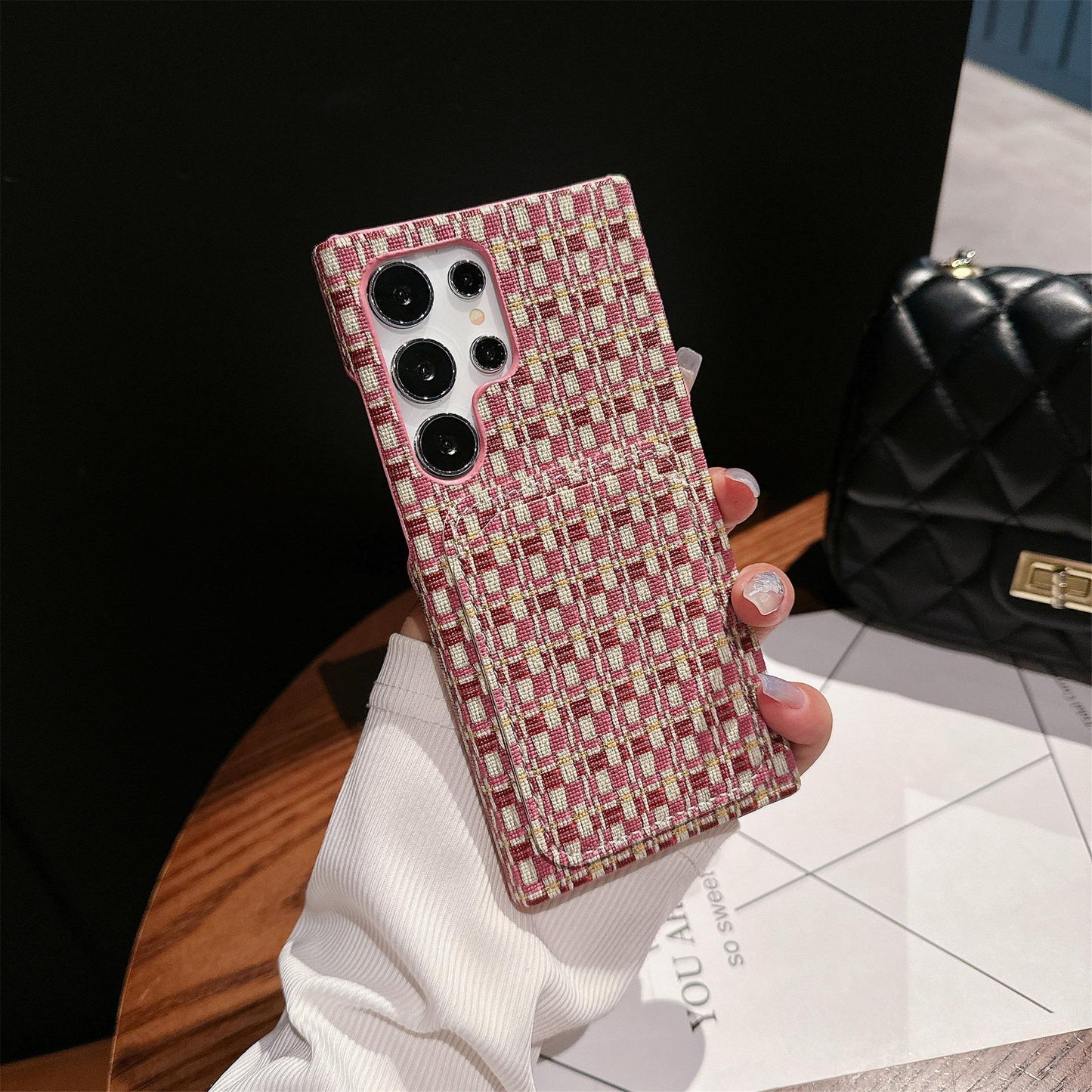 For Samsung S25Ultra S24 S23 S22 Phone Case, Gradient Grid Mosaic Wallet Woven Pattern Fabrics Card Slot Shockproof Hard Full Cover