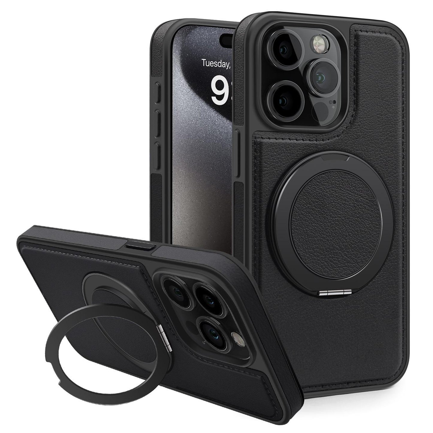 Luxury Full Leather Phone Case For iPhone 16ProMax 16 15 14 13 12 11 Magnetic Rotate Metal Holder Stand Back Cover
