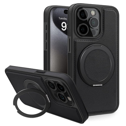 Luxury Full Leather Phone Case For iPhone 16ProMax 16 15 14 13 12 11 Magnetic Rotate Metal Holder Stand Back Cover