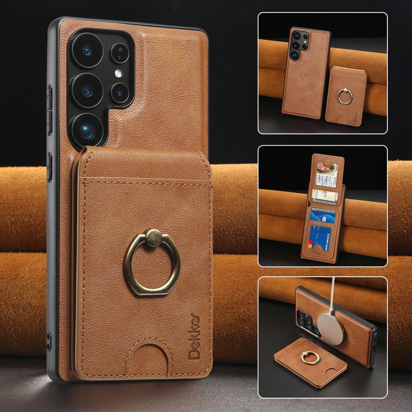 For Samsung S25 S24 S23 A16 A15 A36 A35 A56 A55 A53 Leather Phone Case with Strong Magnetic Wallet Ring Stand, Anti-Fall Card Bag Kickstand for Magsafe Shockproof Business Hard Full Cover