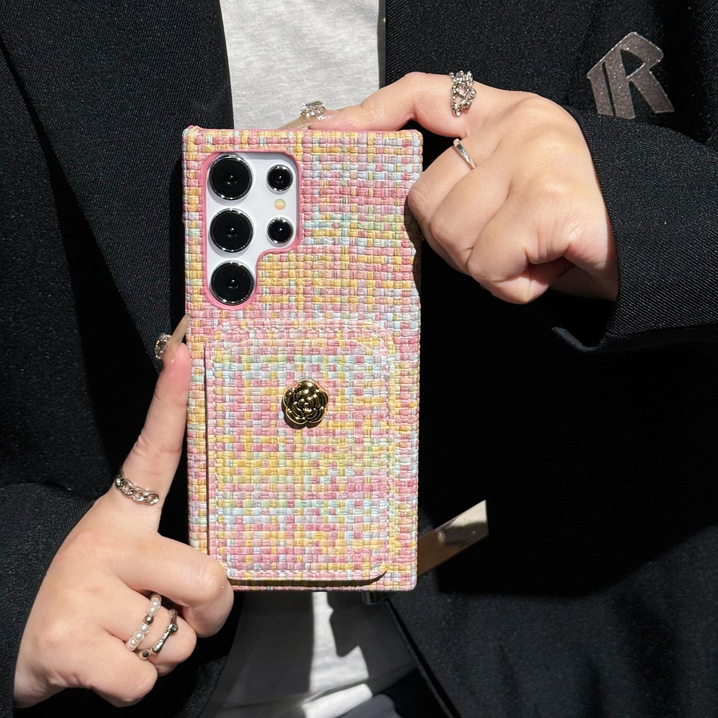 For Samsung S25Ultra S24 S23 S22 Case, Simple Slim Woven Pattern Fabrics Wallet Shockproof Card Slot Hard Full Cover