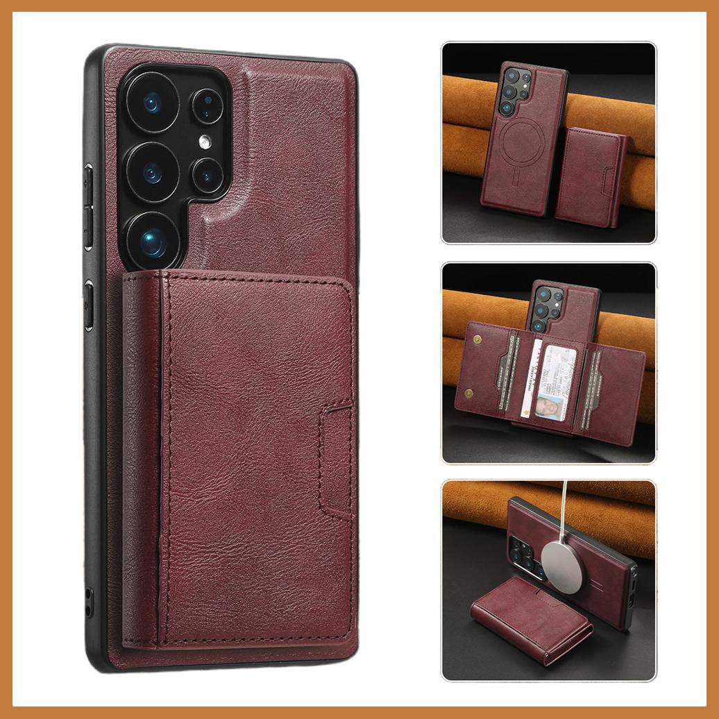 For Samsung S25 S24 S23 A16 A15 A36 A35 A56 A55 A53 Leather Phone Case with Strong Magnetic Triple Fold Wallet, Anti-Fall Card Bag Kickstand for Magsafe Shockproof Business Hard Full Cover
