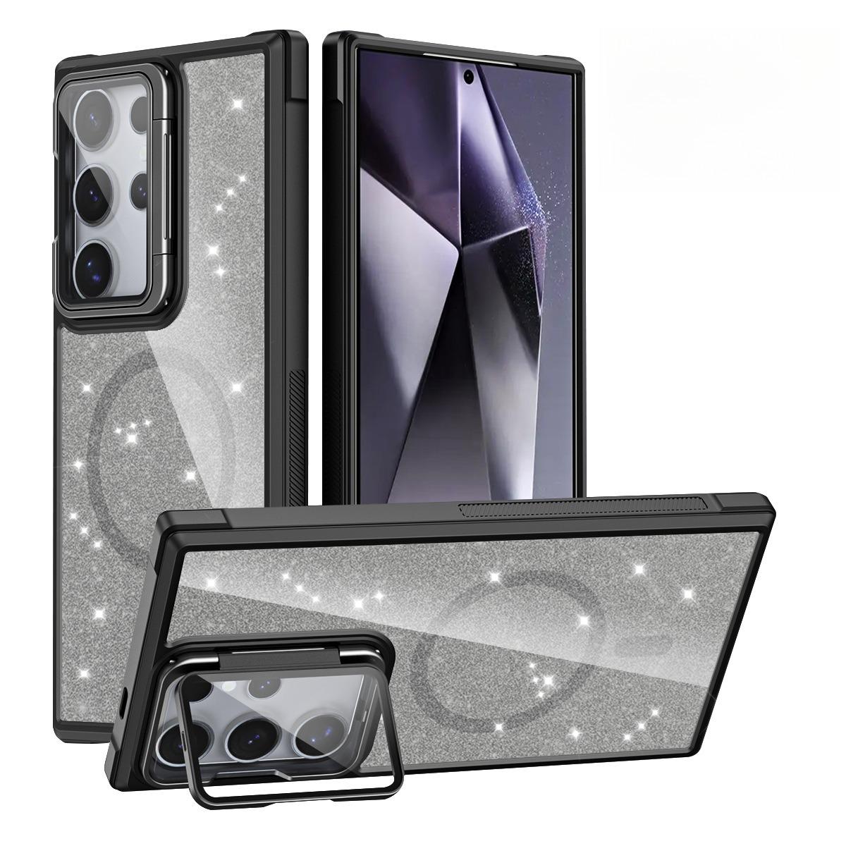 For Samsung S25Ultra S25 S24 S23 S21FE S20FE Strong Magnetic Phone Case, Glass Camera Kickstand Protection, Glitter Clear Acrylic Four Corner Shockproof Bumper Hand Feel Hard Full Cover