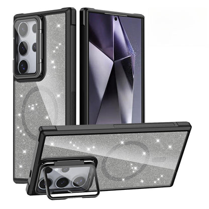 For Samsung S25Ultra S25 S24 S23 S21FE S20FE Strong Magnetic Phone Case, Glass Camera Kickstand Protection, Glitter Clear Acrylic Four Corner Shockproof Bumper Hand Feel Hard Full Cover