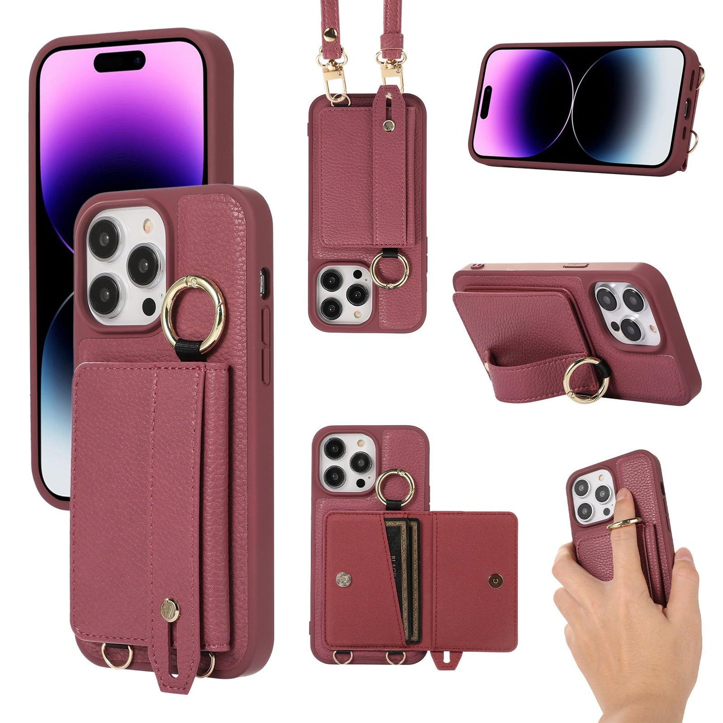 For iPhone 16ProMax 16 15 14 13 12 11 Leather Phone Case with Double Folding Wallet Lanyard, Anti-Fall Card Slot Wristband Ring Kickstand Shockproof Business Hard Full Cover