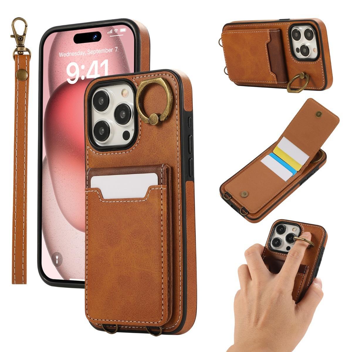 For iPhone 16ProMax 16 15 14 13 12 Leather Phone Case with Double Folding Wallet Wristband, Anti-Fall Card Slot Ring Kickstand Shockproof Business Hard Full Cover