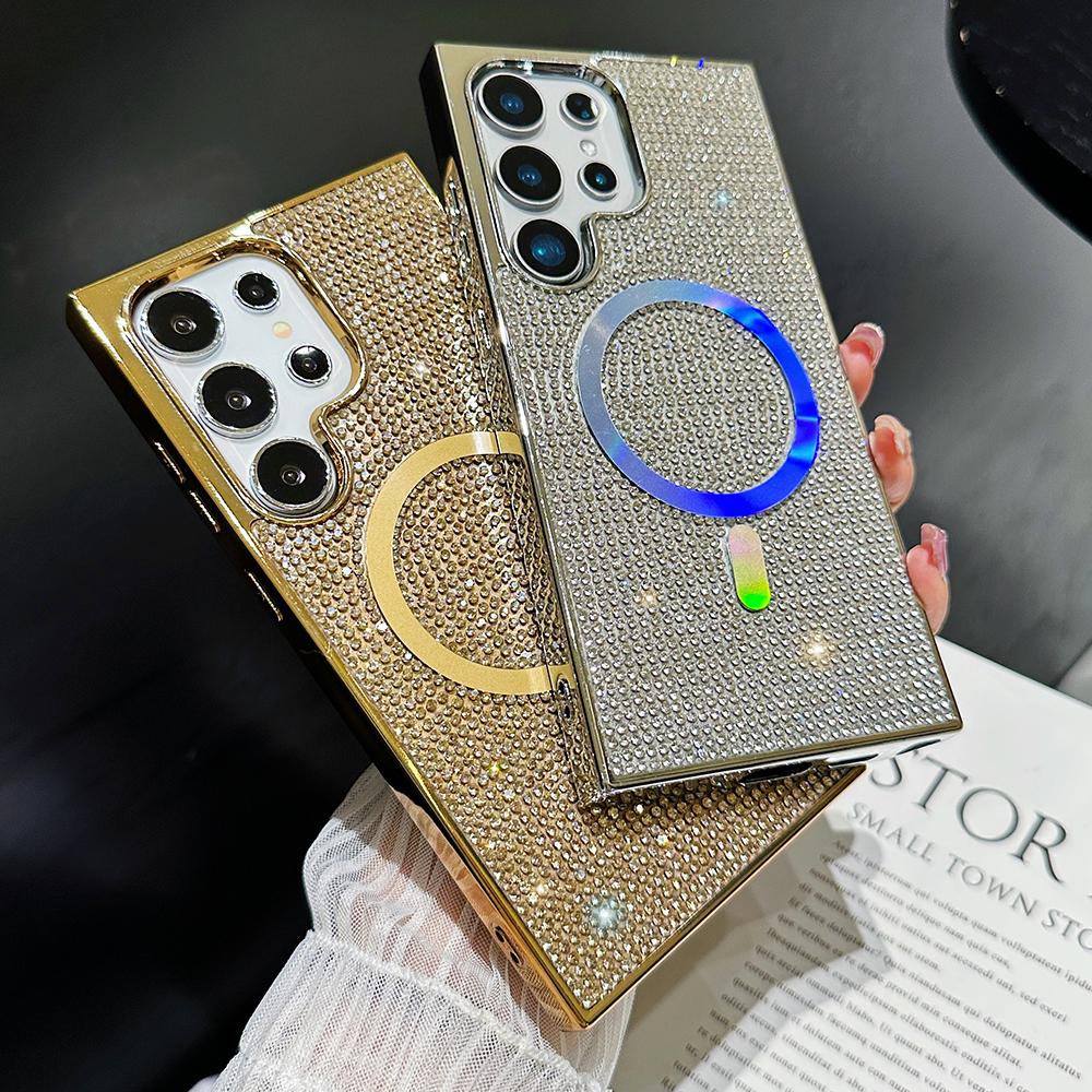 Luxury Glitter Rhinestone Plating Diamonds Magnetic Wireless Charging Phone Case For Samsung S25 S24 S23 Shockproof Protection Soft Bumper Cover