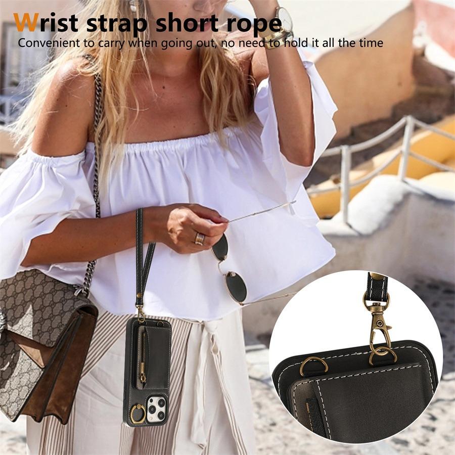 For iPhone 16ProMax 16 15 14 13 12 Leather Phone Case with Double Folding Wallet Wristband, Anti-Fall Card Bag Kickstand Shockproof Business Hard Full Cover