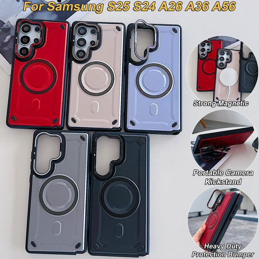 Anti-Dust Anti-Fall Heavy Duty Protection Shockproof Strong Magnetic Phone Case With Camera Kickstand for Samsung S25Ultra S25Edge S25 S24 A26 A36 A56 Bumper Matte Hard Cover