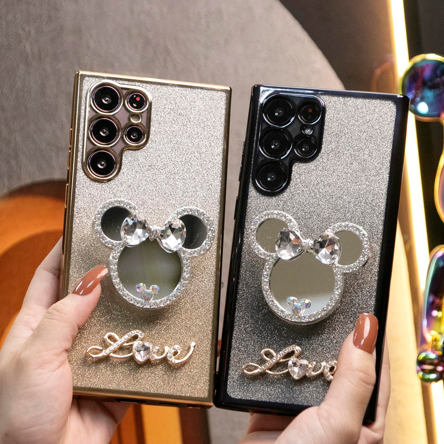 Luxury Diamond Mouse Head Mirror Kickstand Glitter Clear Gradient TPU Plating Shockproof Soft Phone Case For Samsung S25 S24 S23 S22 S21 Note20