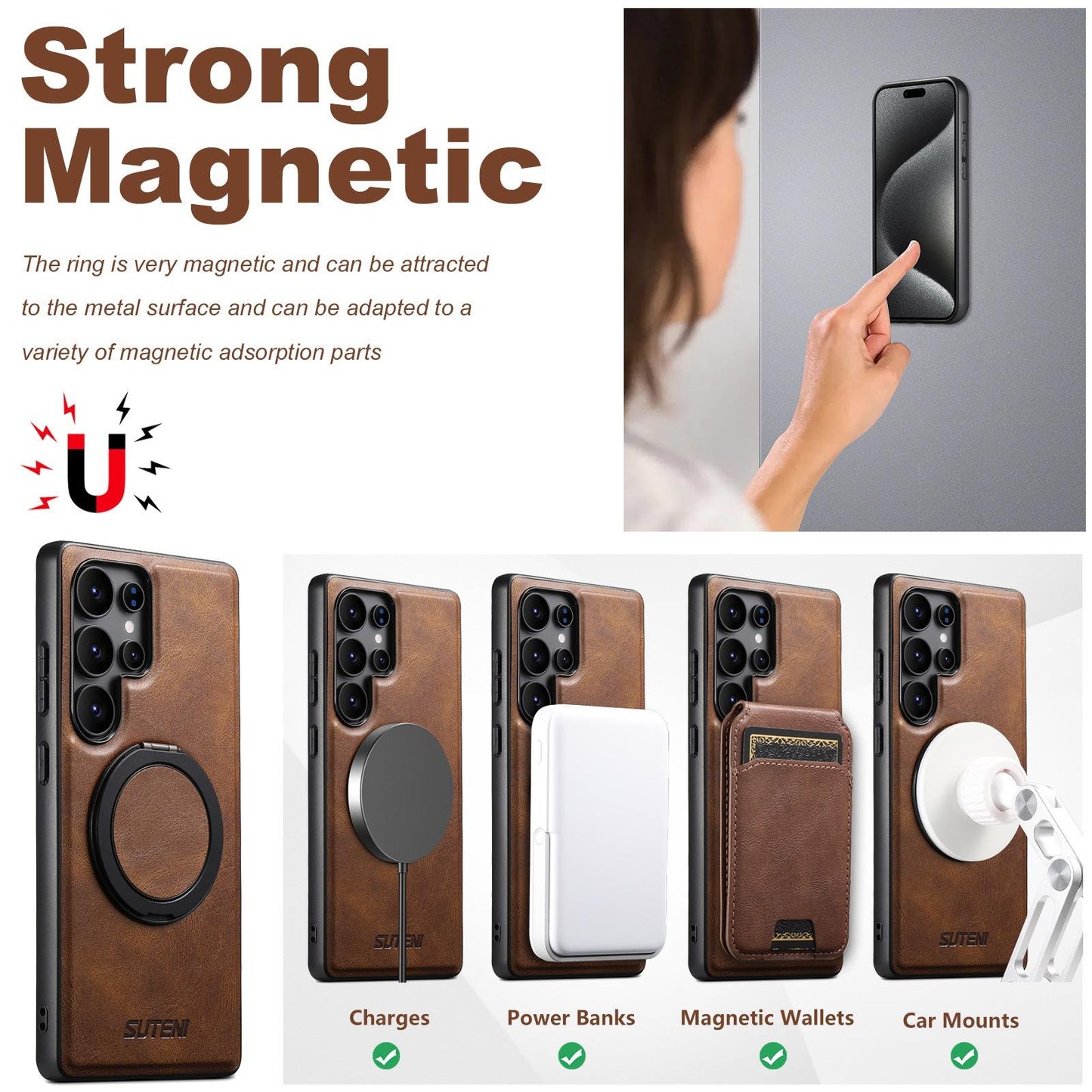 For Samsung S25 S24 S23 S22 Ultra Plus Phone Case, Smooth Surface Oil Wax Pattern Leather Metal Kickstand Shockproof Support Wireless Charging Hard Phone Case