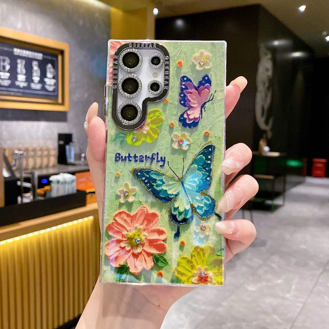 For Samsung S25 S24 S23 S22 A34 A35 A53 A54 A55 Note20Ultra Phone Case, Luxury Elegant Colorful Rainbow Butterfly Flower Oil Painting Metal Camera Frame Anti-drop Hard Shockproof Full Cover
