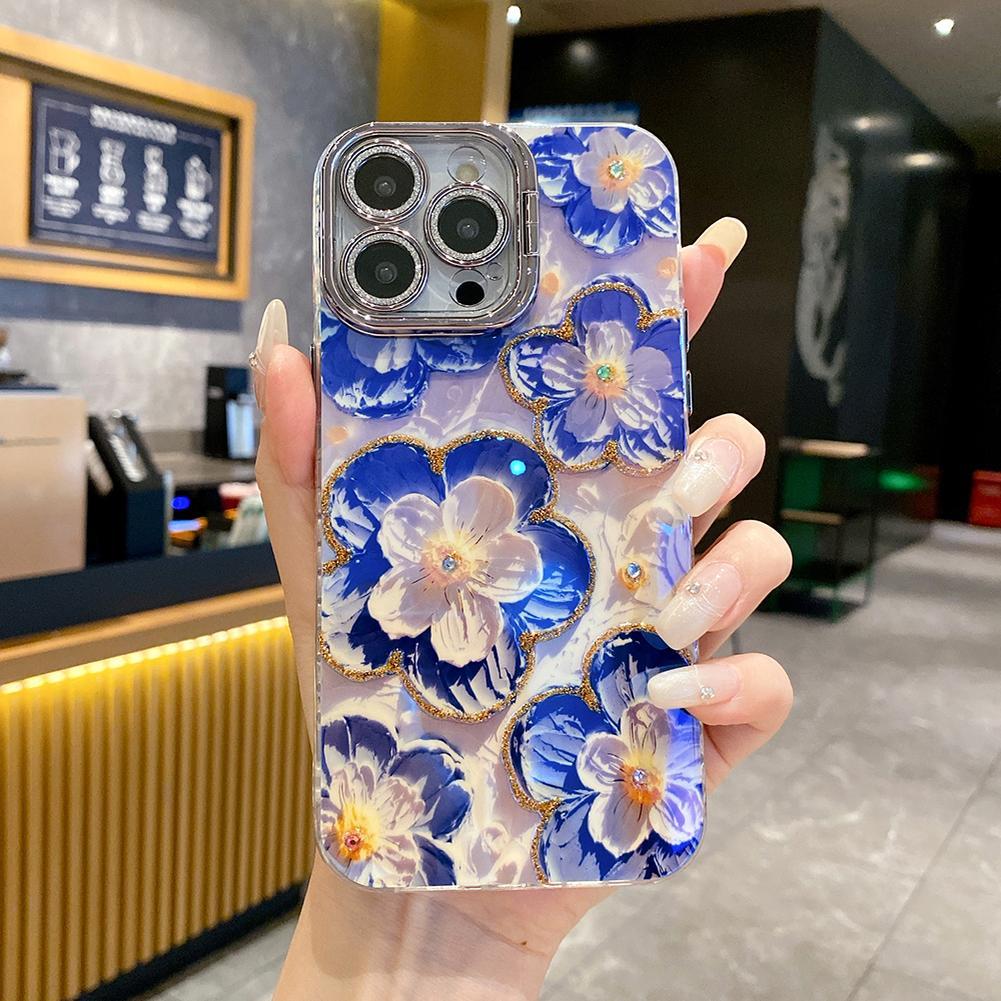 For iPhone 16ProMax 16 15 14 13 12 11 Phone Case with Diamond Camera Kickstand, Rainbow Flower Rose Butterfly, Oil Painting Camera Frame Anti-drop Hard Shockproof Full Cover