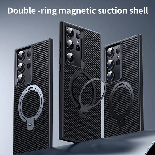 Double Ring Carbon Fiber Pattern Slim PC Strong Magnetic Phone Case with 360 Rotating Metal Kickstand For Samsung S25Ultra S25+ S25 S24 S23 Skin Feel Bumper Shockproof Hard Full Cover