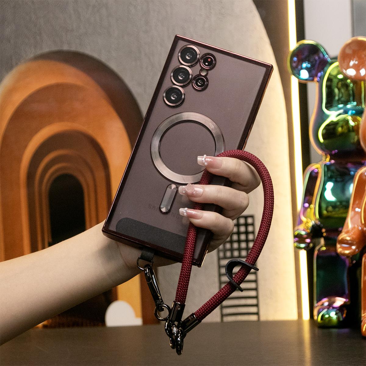 Plating Magnetic Wireless Charge Transparent Soft Phone Case With Multifunctional Climbing Rope For Samsung A14 A15 A16 A24 A25 A26 A34 A35 A36 A54 A55 A56 A05 A05S A06