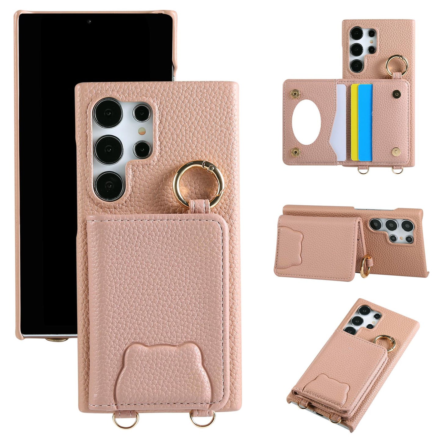 Bear Crossbody Mirror Wallet with Card Holder Phone Case for Samsung Galaxy S25 S24 S23 S22 Ultra Plus S24 FE Back Cover