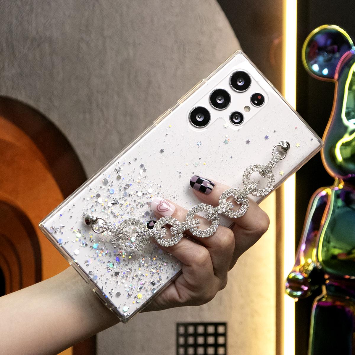 Glitter Star Sequin With Diamond Rhinestone Chain Phone Case For iPhone 16 15 14 13 12 11 XR XSMax X/XS Clear Soft TPU Back Cover