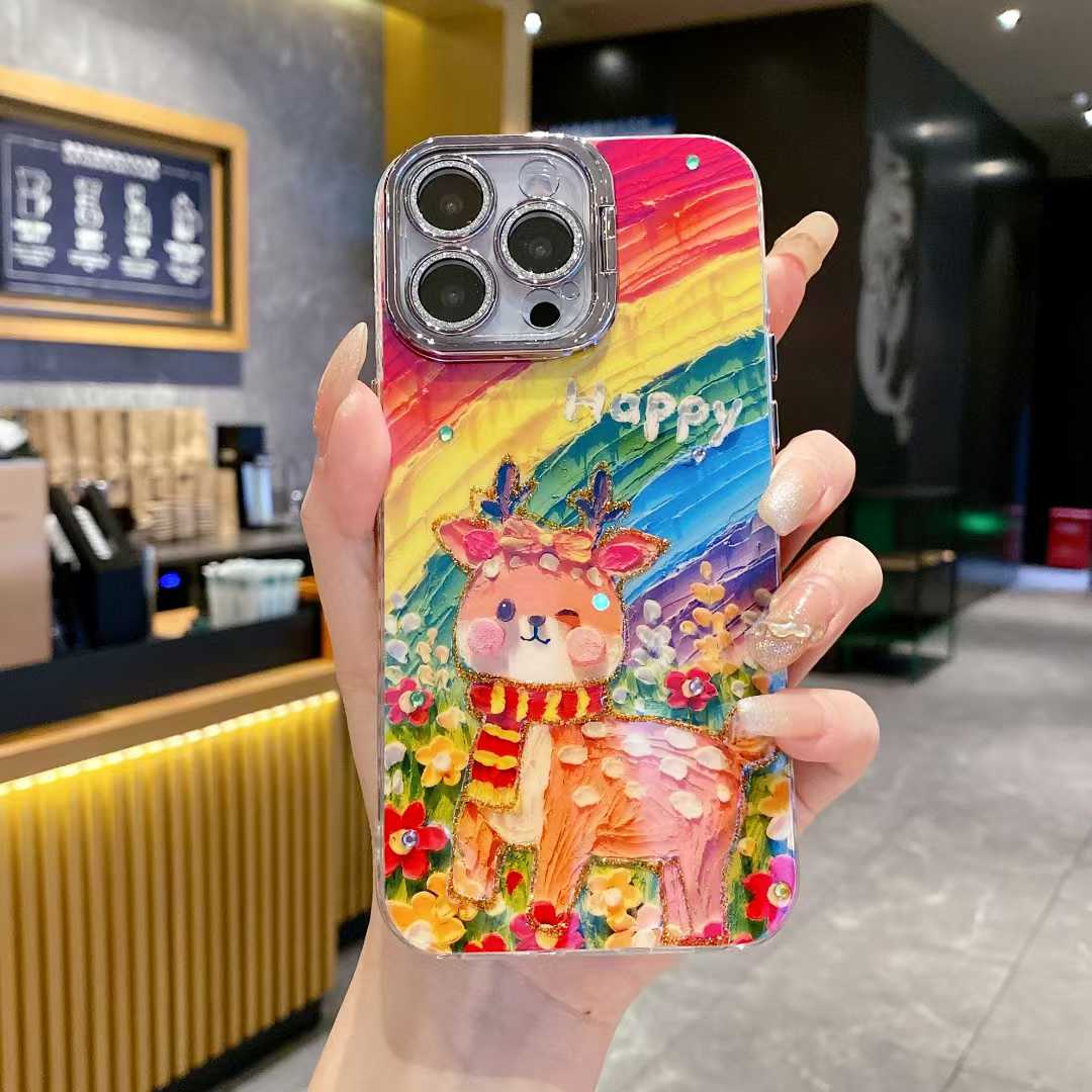 For iPhone 16ProMax 16 15 14 13 12 11 Phone Case with Diamond Camera Kickstand, Smiling Face Rainbow Rabbit Deer, Luxury Oil Painting Camera Frame Anti-drop Hard Shockproof Full Cover
