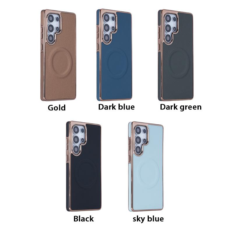 For Samsung S25Ultra S24 S23 S22 Plus FE Phone Case, Plating Antislip Matte Luxury Leather Emboss Strong Magnetic Slim Protection Shockproof Hard Full Cover