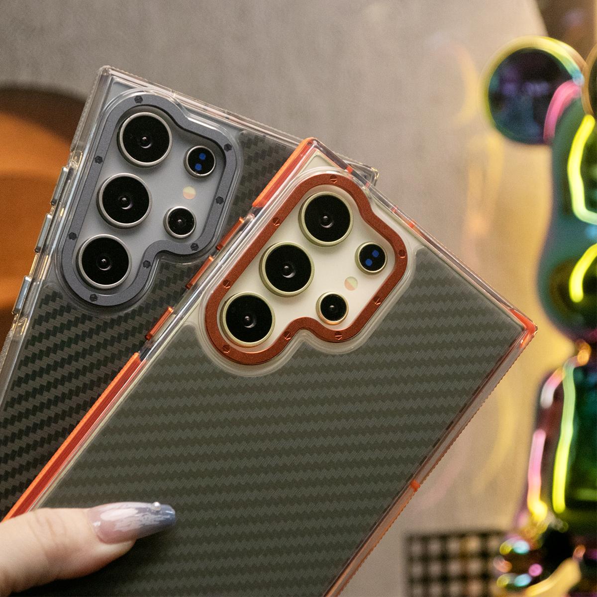 Carbon Fiber Pattern Phone Case, Metal Hardware Camera Protective Acrylic Cover, Clear No Yellow, With Shockproof  Anti-Fall Bumper For Samsung S25Ultra S24 S23 S21FE A14 A15 A24 A25 A35 A54 A55 A05