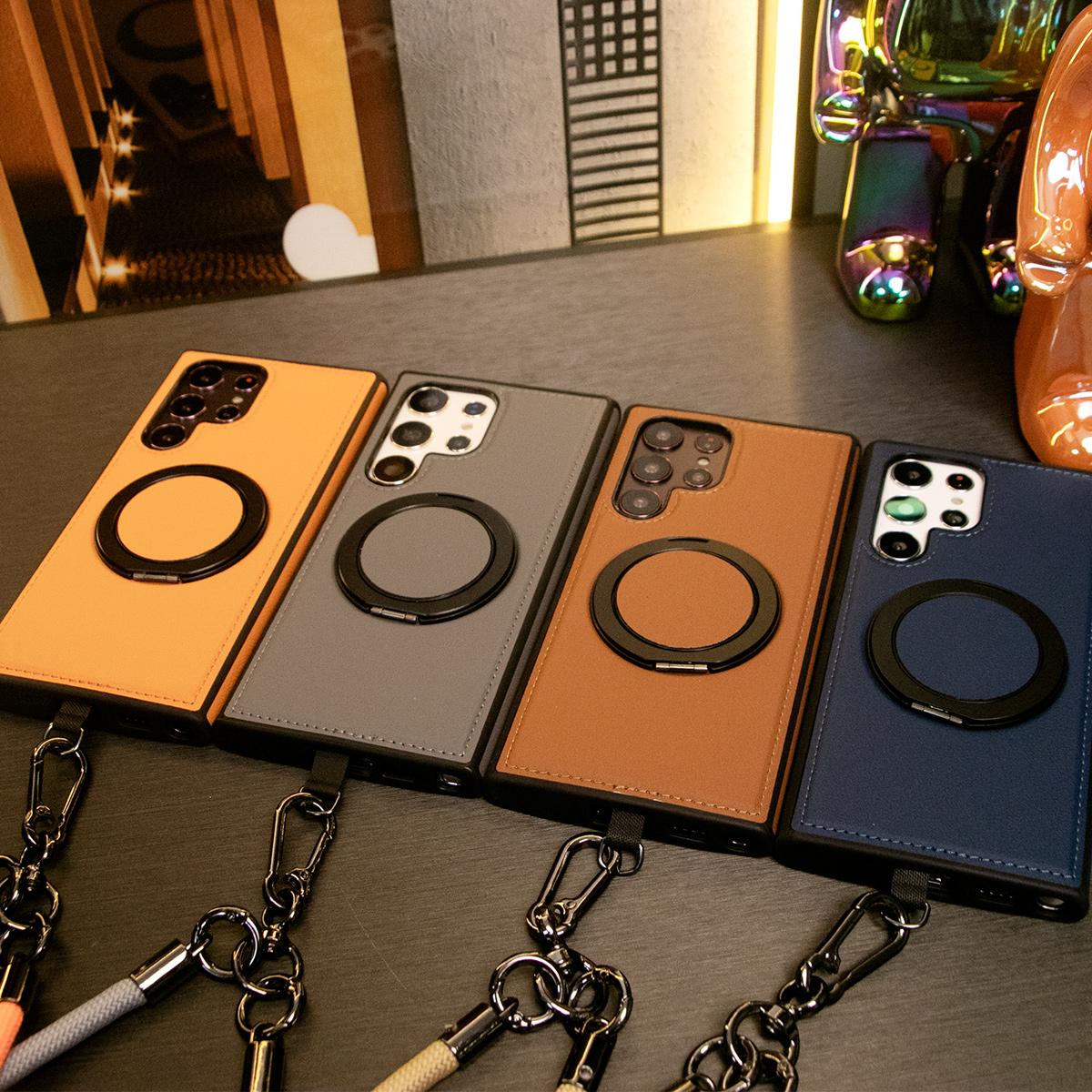 Luxury Full Leather Phone Case WIth Multifunctional Climbing Rope For Magsafe For iPhone 16 15 14 13 12 11 Magnetic Rotate Metal Holder Kickstand Hard Back Cover