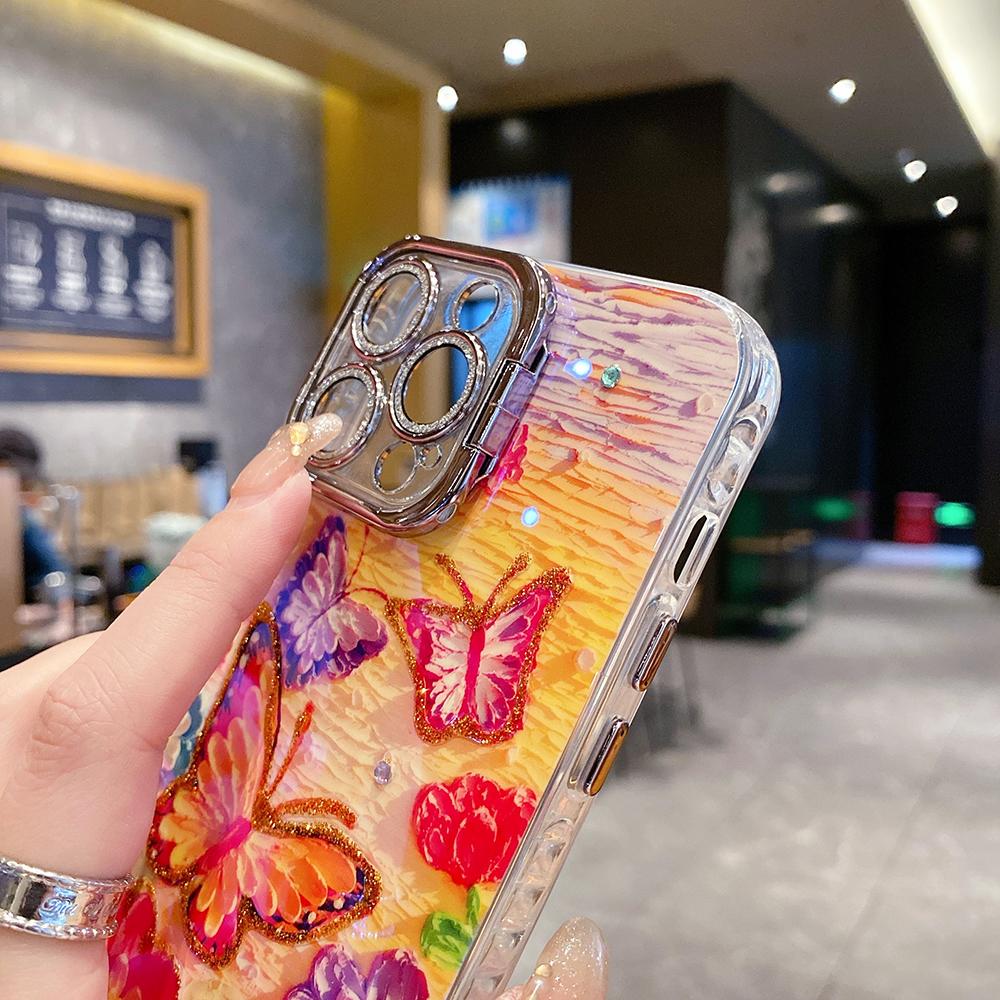 For iPhone 16ProMax 16 15 14 13 12 11 Phone Case with Diamond Camera Kickstand, Rainbow Flower Rose Butterfly, Oil Painting Camera Frame Anti-drop Hard Shockproof Full Cover
