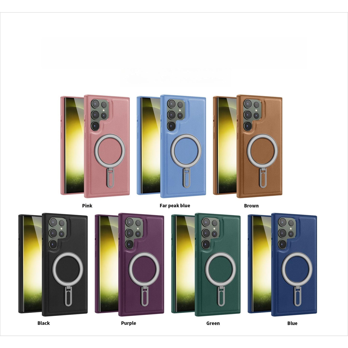 Luxury Full Leather Glossy Kickstand Phone Case For Magsafe For Samsung S25Ultra S25+ S25 S24FE S24 Ultra S23 S22 Ultra Plus Metal Ring Magnetic Metal Holder Shockproof Stand Back Cover