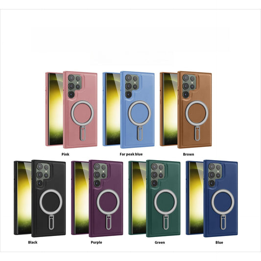 Luxury Full Leather Glossy Kickstand Phone Case For Magsafe For Samsung S25Ultra S25+ S25 S24FE S24 Ultra S23 S22 Ultra Plus Metal Ring Magnetic Metal Holder Shockproof Stand Back Cover