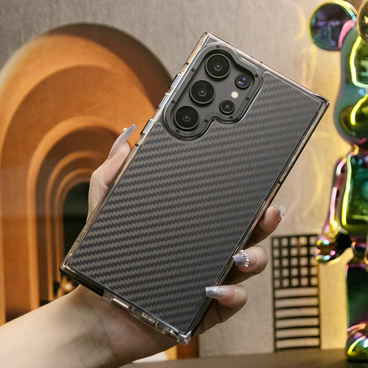 Carbon Fiber Pattern Phone Case, Metal Hardware Camera Protective Acrylic Cover, Clear No Yellow, With Shockproof  Anti-Fall Bumper For Samsung S25Ultra S24 S23 S21FE A14 A15 A24 A25 A35 A54 A55 A05