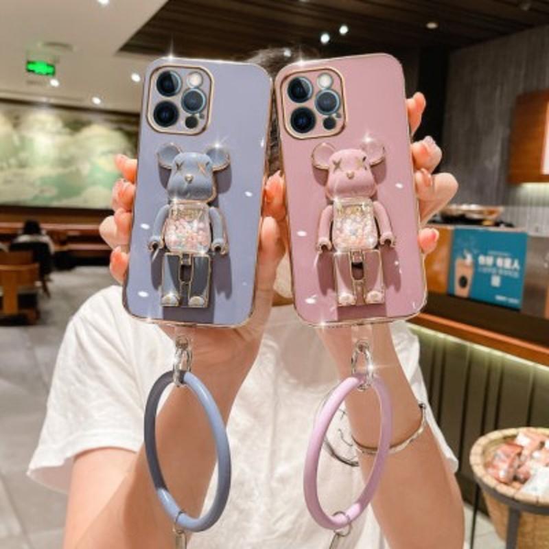 For iPhone 16 15 14 13 12 11 XR XSMax X/XS Phone Case, Candy Bear Kickstand with Silicone Bracelet, Plating Electroplate Luxury Elegant Case Camera Protector Pop Stand Shockproof Soft Cover
