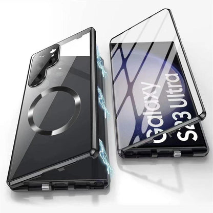 HD Clear Magnetic Double Sided Tempered Glass Front Matte Magnetic Ring Back Phone Case For Samsung S25Ultra S25 S24 S23 S22 S21 Aluminum Alloy Frame Full Cover [Not Support Fingerprint]