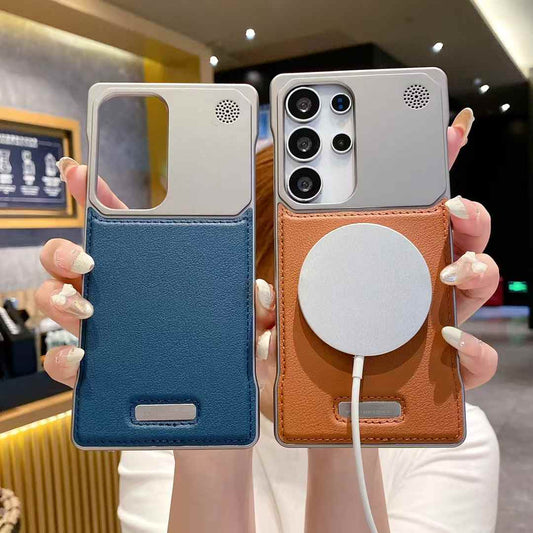 Leather Aromatherapy Frameless Heat Dissipation Aluminium Alloy Strong Magnetic Len Protection Phone Case For Samsung S25Ultra S24Ultra S23Ultra S22Ultra, Shockproof Hard Full Cover
