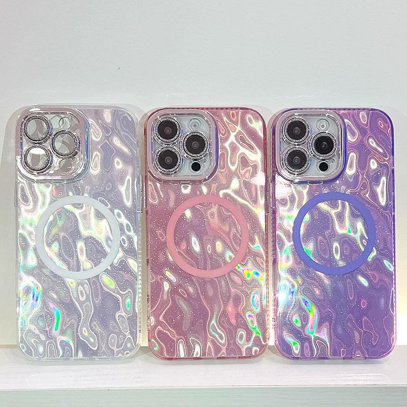 For iPhone 16ProMax 16 15 14 13 Phone Case, Electroplating Magnetic Laser Flow Silk Pattern Acrylic Slim With Glitter Len Protector, Protection Non-Yellowing Hard Cover