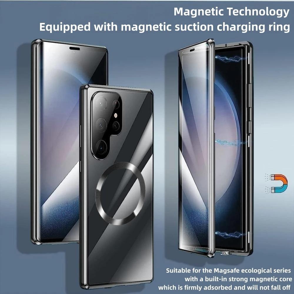 HD Clear Magnetic Double Sided Tempered Glass Front Matte Magnetic Ring Back Phone Case For Samsung S25Ultra S25 S24 S23 S22 S21 Aluminum Alloy Frame Full Cover [Not Support Fingerprint]