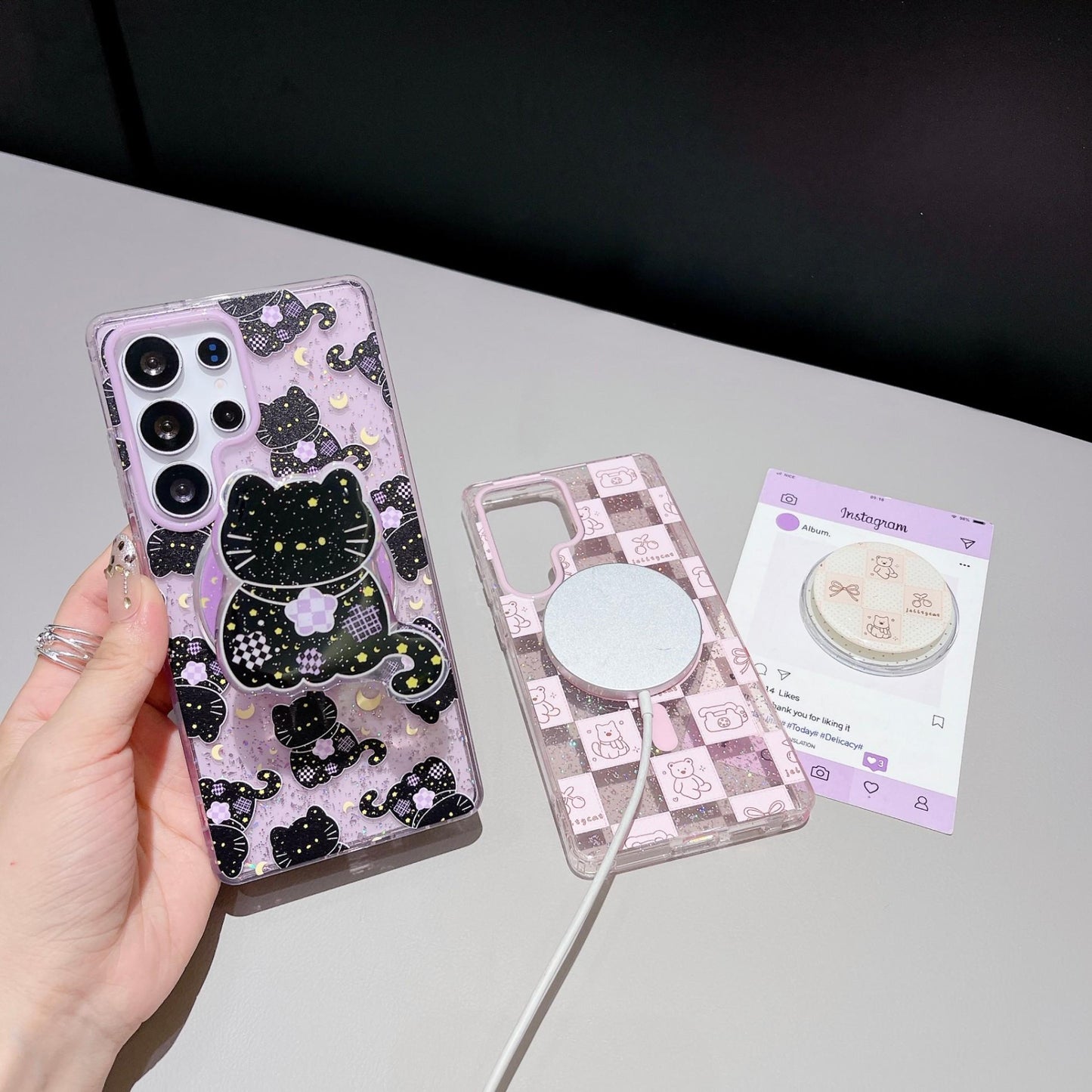 Cute Cartoon Moon Cat Magnetic Phone Case for Samsung S25 S24 S23 Ultra FE Plus Glitter Back Cover for Women Girls with Magnetic Stand